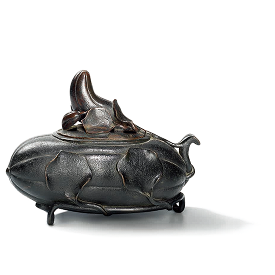 A BRONZE MELON-SHAPED CENSER AND COVER